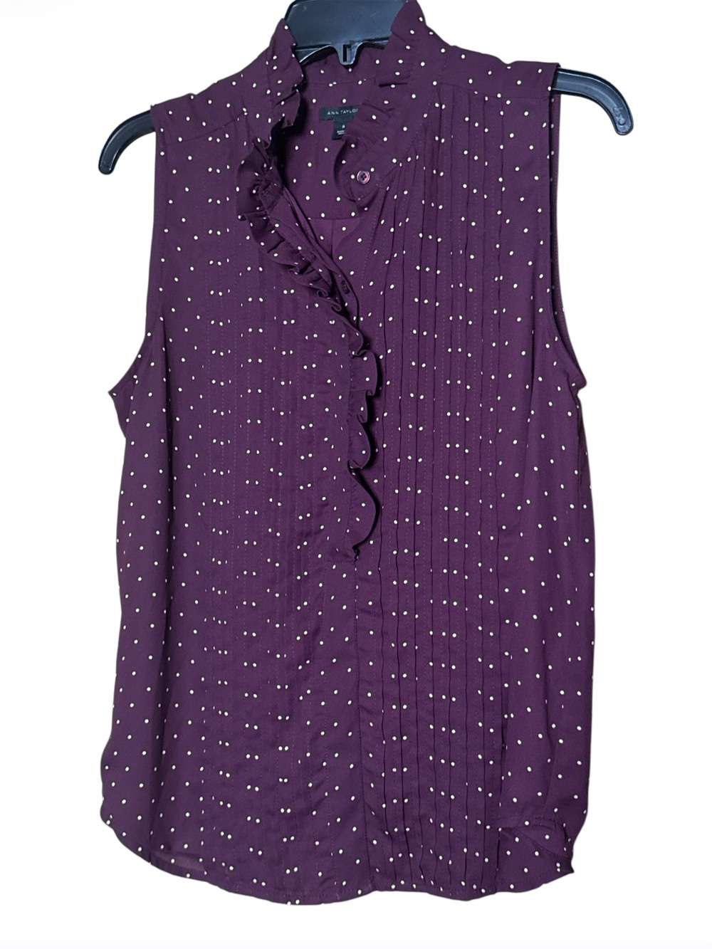 Ann Taylor Plum Polka Dot Ruffle Front Sleeveless Blouse - Size M